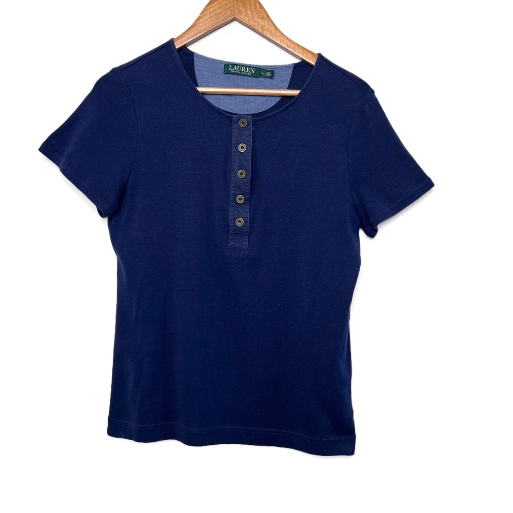 Lauren Ralph Lauren Womens Navy Blue Short Sleeve Henley Casual T Shirt Top L - Picture 2 of 16